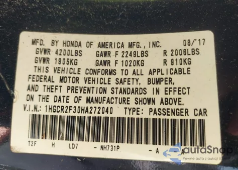2017 Honda Accord Lx z USA, uszkodzony, nr VIN 1HGCR2F30HA272040